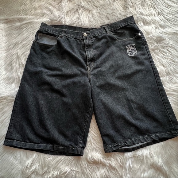 Red Ape Y2K baggy jean shorts jorts 48x14 embroidered skater grunge hip hop Blk - Picture 1 of 8
